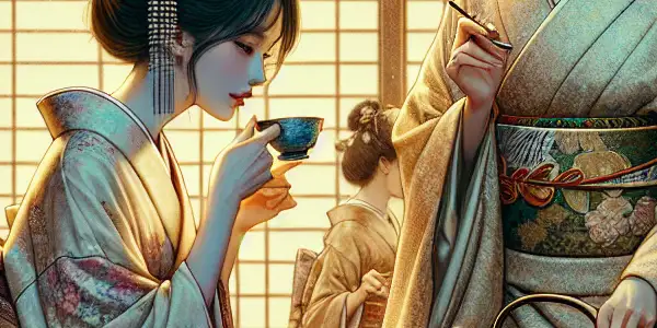 A serene Japanese tea house with two women in kimono engaged in a flirtatious conversation.