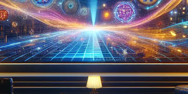 A modern living room featuring a large screen displaying abstract film elements, with a laptop and smartphone on a coffee table.