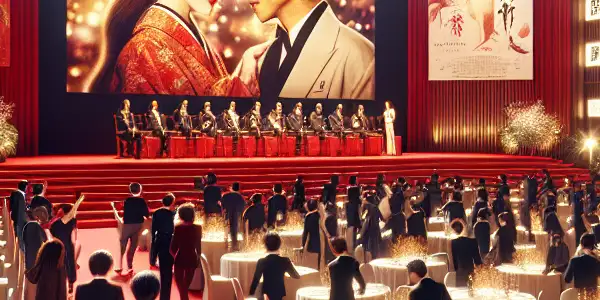 A vibrant Japanese film festival with elegantly dressed attendees on a red carpet, celebrating adult cinema.