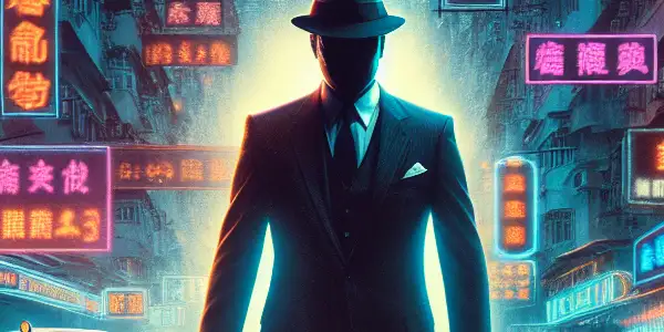 A dramatic cinematic poster featuring actor Huang Qiusheng as a charismatic gangster in neon-lit Hong Kong.