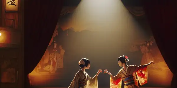 Two sisters perform passionately on a vibrant theater stage, showcasing a blend of traditional and modern Japanese aesthetics.