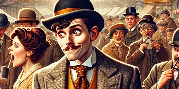 A young man holds a giant check in a lively early 20th-century London market, surrounded by quirky characters.