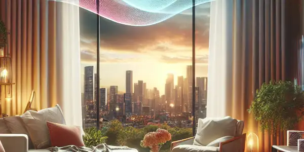 A cozy living room featuring a sofa, soft lighting, and a large screen displaying abstract visuals of adult entertainment.