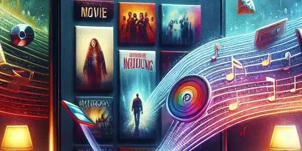 A cozy bedroom with a smartphone displaying vibrant adult film posters, illuminated in warm tones, symbolizing privacy and convenience.