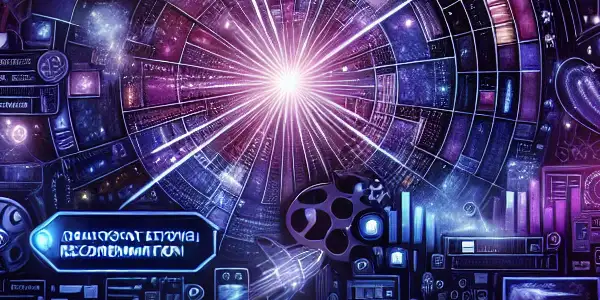 A vibrant futuristic digital landscape showcasing a sleek search tool for adult content recommendations amidst neon lights and abstract patterns.