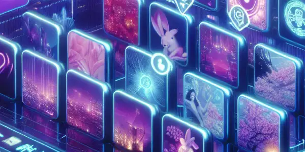 A vibrant digital marketplace for adult films featuring colorful thumbnails and a futuristic user interface.