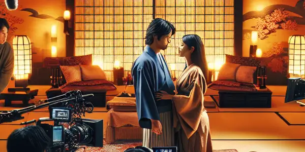 A vibrant film set showcasing a romantic scene between two actors, emphasizing safety and professionalism in Japanese adult films.