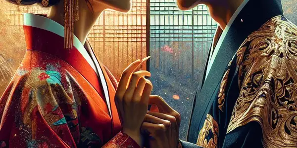 A split scene showcasing a romantic Japanese film set and an emotionally intimate Korean film setting, blending cultural elements.