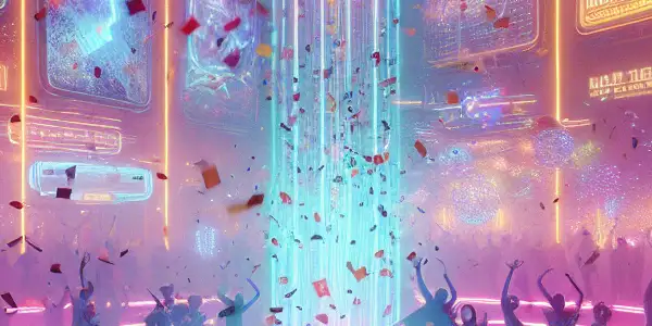 A vibrant lottery event filled with diverse participants, neon lights, and digital screens promoting adult content and excitement.