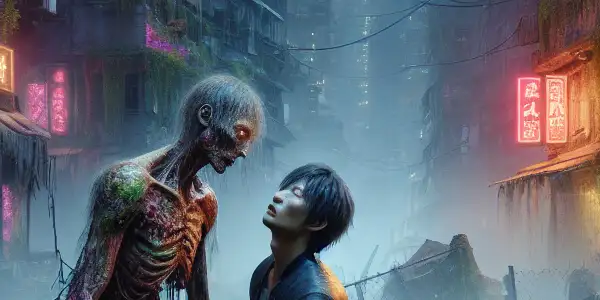 A post-apocalyptic cityscape featuring a surreal encounter between a zombie and a curious human amidst vibrant vegetation.