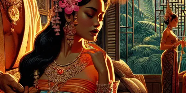 An intimate moment between a couple in traditional Thai attire, set in a richly decorated room.