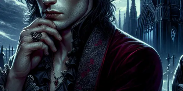 A brooding vampire in a misty graveyard, surrounded by twisted trees and shadowy tombstones under a full moon.