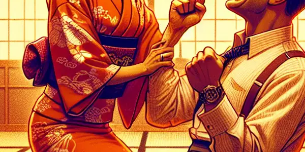 A playful, intimate moment between two characters in a traditional Japanese setting, blending passion and humor.