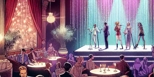 A lively adult entertainment venue featuring a stage performance, plush seating, and a captivating audience in seductive lighting.