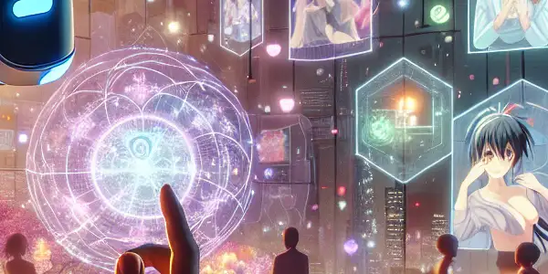 A futuristic virtual reality scene featuring a person in a high-tech headset surrounded by a vibrant Japanese garden and holographic characters.