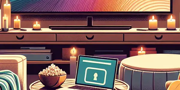 A cozy living room setup for watching adult films, featuring a large TV, comfortable sofa, and hygiene items.