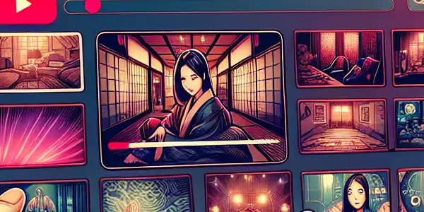 A cozy room with a digital device displaying vibrant thumbnails of adult video content and Japanese decor.
