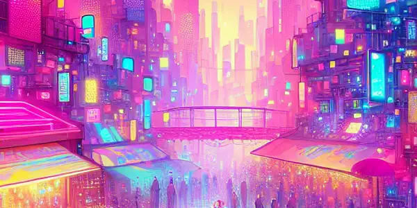 A vibrant digital landscape featuring whimsical characters and neon-lit cityscape inspired by Japanese adult entertainment themes.