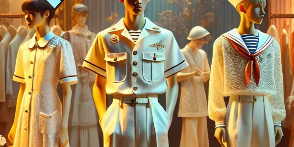 A vibrant scene featuring models in a nurse outfit and sailor suit, highlighting playful and alluring costume details.