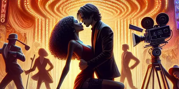 A vibrant film set depicting a passionate couple amidst adult film posters and cinematic equipment, evoking romance and excitement.