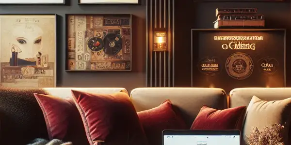 A cozy, upscale living room featuring a stylish coffee table with a laptop displaying a curated adult entertainment guide.