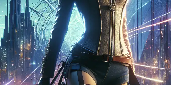 A confident female character in a futuristic city, illuminated by neon lights, surrounded by adventure and danger elements.