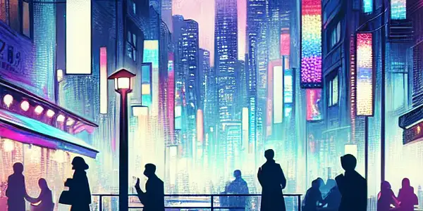 A vibrant urban skyline at night, featuring neon lights and intimate silhouettes of couples, evoking romance and allure.