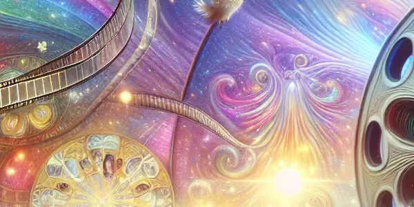 A vibrant cinema scene with animated characters discussing roles, under a massive film reel adorned with colorful lights.