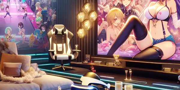 A luxurious virtual reality gaming room featuring a vibrant animated scene and intimate ambiance, inspired by Japanese AV culture.