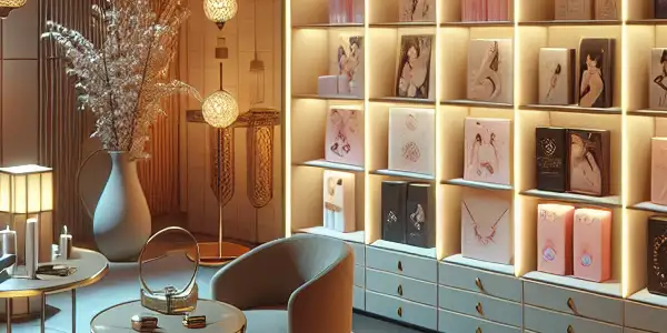 A cozy, intimate setting showcasing elegantly arranged adult-themed items with subtle Japanese motifs and a sense of privacy.
