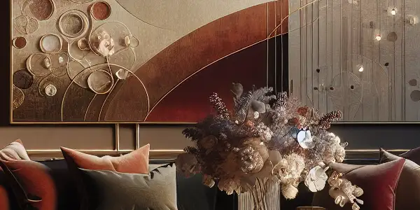 A cozy, elegant room with plush furnishings, a velvet sofa, and a large screen displaying abstract cinema imagery.