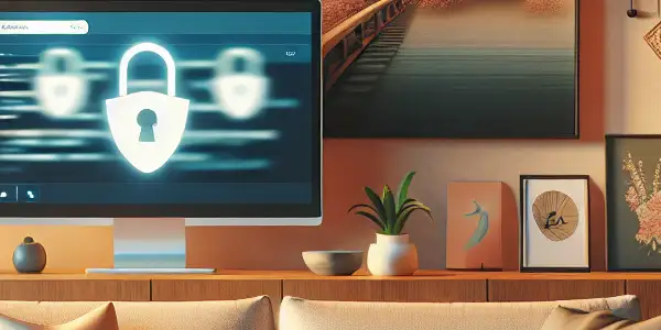 A cozy living room illustrating digital safety, featuring a laptop, VPN icon, and hints of Japanese culture.