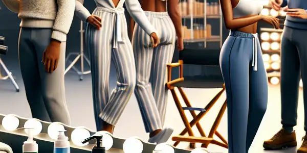 A clean film set showcasing actors discussing hygiene and safety practices in the adult film industry.