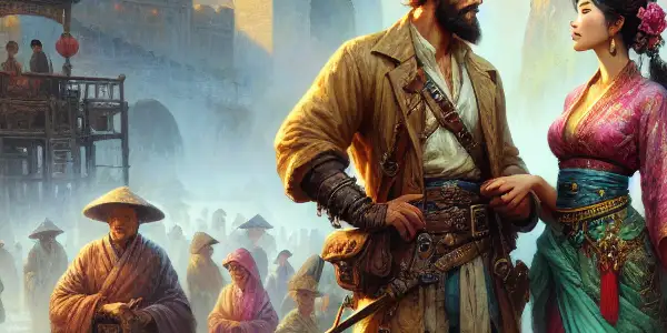 Marco Polo engages with a captivating figure in a vibrant, exotic Asian marketplace filled with adventure and allure.