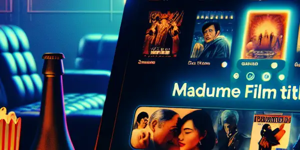 A sleek digital interface displaying colorful thumbnails of adult films in a cozy, dimly lit room.