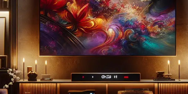 A cozy, dimly lit room featuring a modern TV displaying vibrant adult film art, surrounded by elegant decor and ambiance.