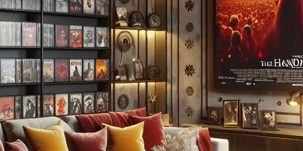 A cozy home theater with a plush sofa, vibrant movie poster, and ambient lighting, perfect for film lovers.